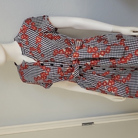 ADRIANNA PAPELL Retro Rockabilly Gingham Floral Button Tie Waist Shirt Dress - Picture 5 of 10